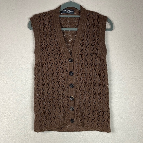 Dolce & Gabbana Chunky Open Cable Knit Vest Cardigan Brown Wool Yak - Picture 1 of 10